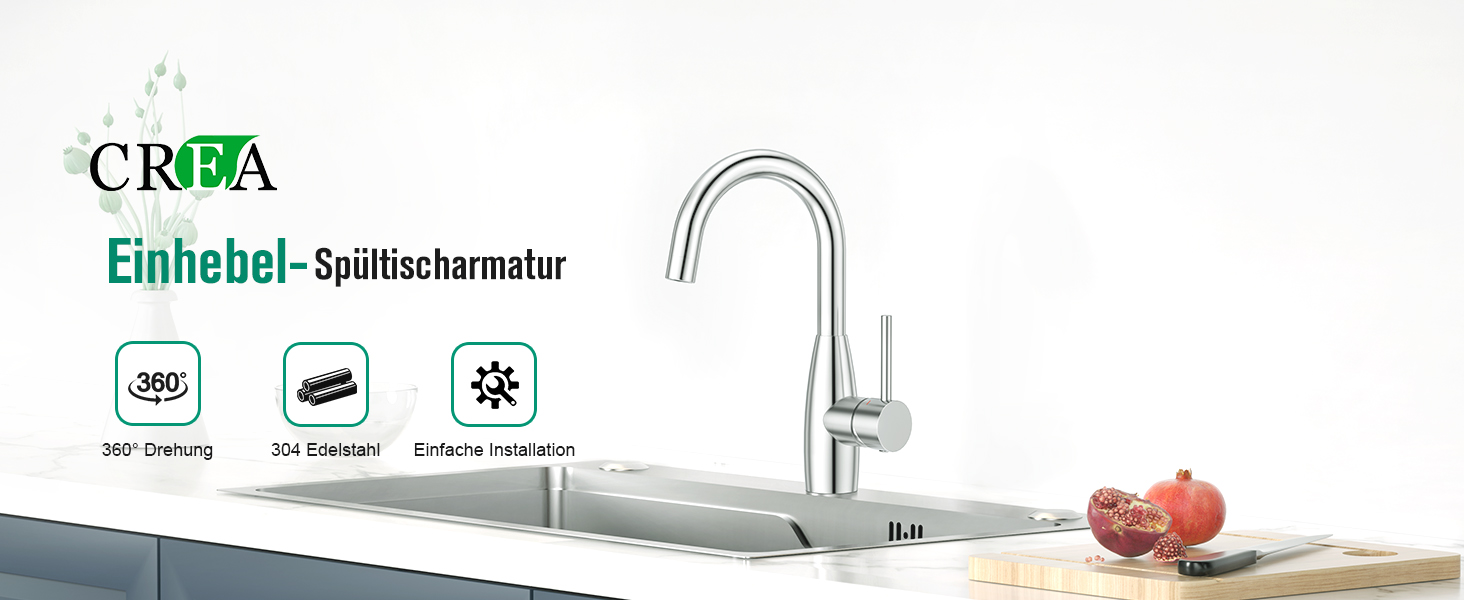 Кран кухонний CREA, 360° поворотний, для малої кухні, змішувач з високим виливом, нержавіюча сталь хром