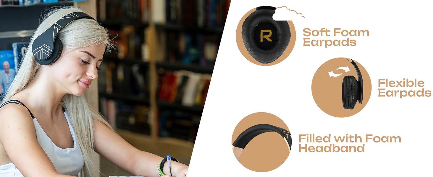 Бездротові навушники PowerLocus Over-Ear з Bluetooth, мікрофоном, складні конструкції, м'які амбушюри, Hi-Fi стерео бас, для дітей/дорослих/TV/PC/Home Office (Чорний/Золотий)