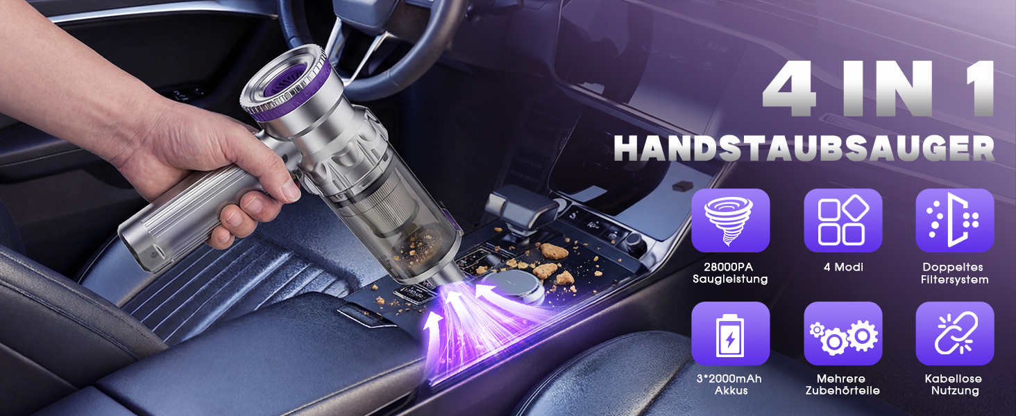 Акумуляторний автомобільний пилосос Handstaubsauger 28000PA безщітковий, 4-в-1, з великим контейнером для сміття, сріблясто-фіолетовий