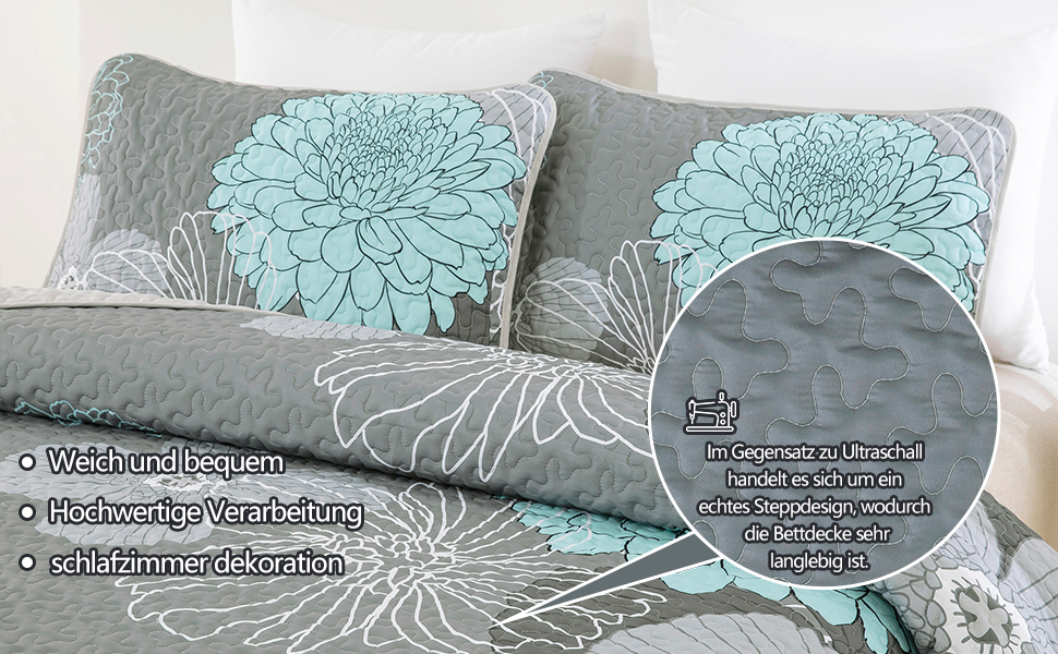 Покривало Tagesdecke WONGS BEDDING 220x240 см, зелене, квітковий дизайн, мікрофібра, комплект з 2 наволочками 48x75 см