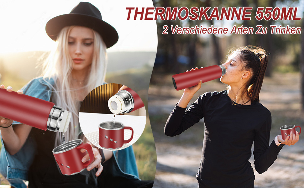 Термокухоль-термос із нержавіючої сталі 550 мл з кришкою-чашкою та ручкою, вакуумний термос 12 годин гарячим / 12 годин холодним, нековзний термос для кави в дорогу для спорту, роботи, школи, авто (червоний)