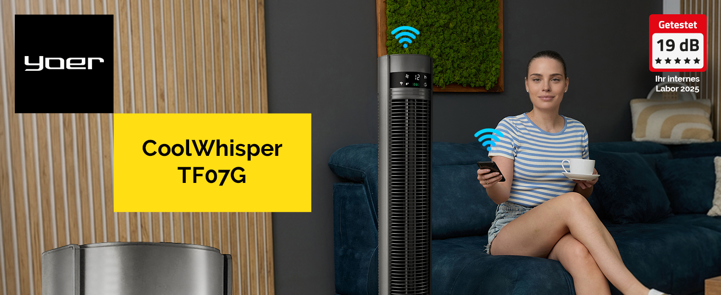 Вентилятор баштовий YOER CoolWhisper TF07G Wi-Fi, 12 швидкостей, іонізатор, 12м, сірий металік