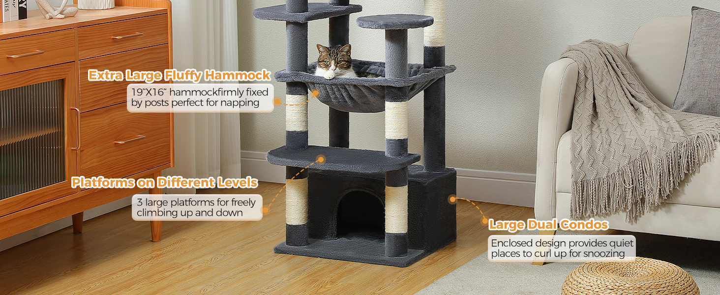 PAWZ Road Дряпка для котів велика, стабільна, 184 см, з гамаком, 7 стовпчиків для дряпання, велика полиця, кошик, для великих котів, сірий (M)