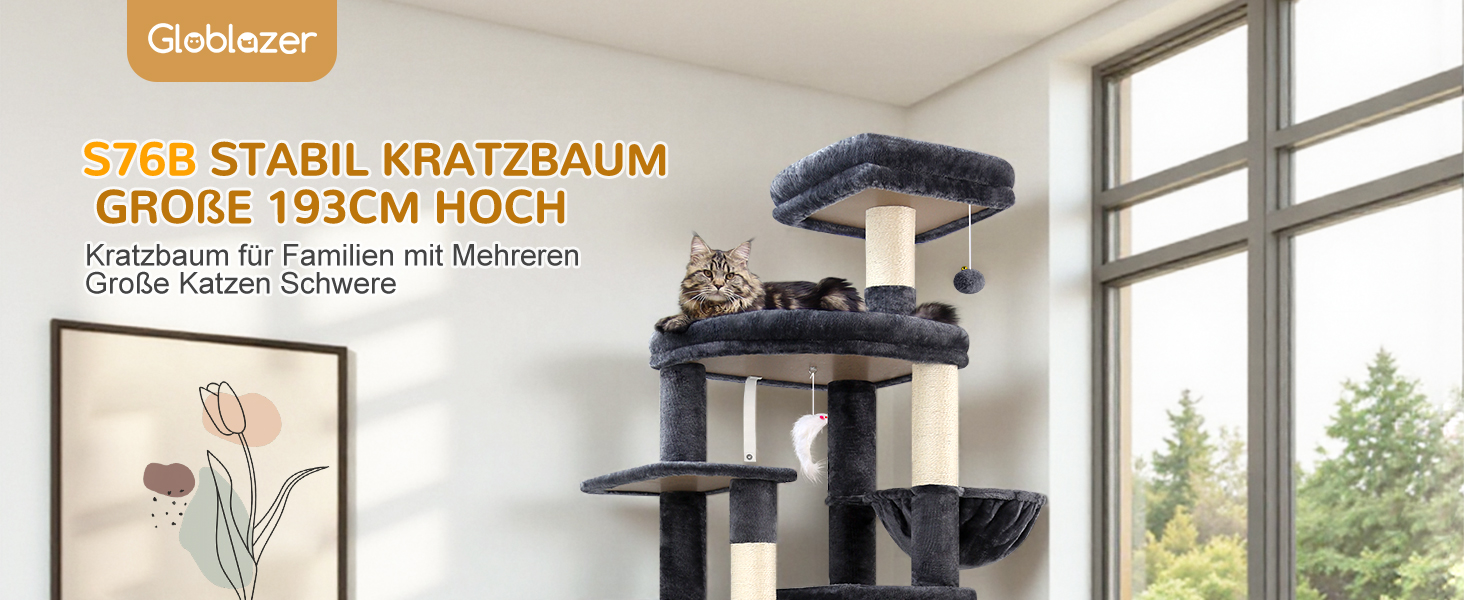 Драбина для котів Globlazer XXL 193 см з будиночком, гамаком, платформами та іграшками. Стабільна для 3-5 котів. Сірий колір.