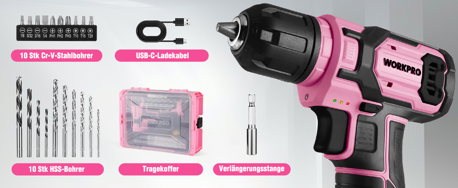 WORKPRO 8V акумуляторний дриль-шуруповерт, комплект з кейсом, 2000 mAh, 10 мм патрон, 12 Н·м, LED-ліхтик, 21 шт. аксесуарів, для ремонту та DIY, сірий & зелений (рожевий & чорний)