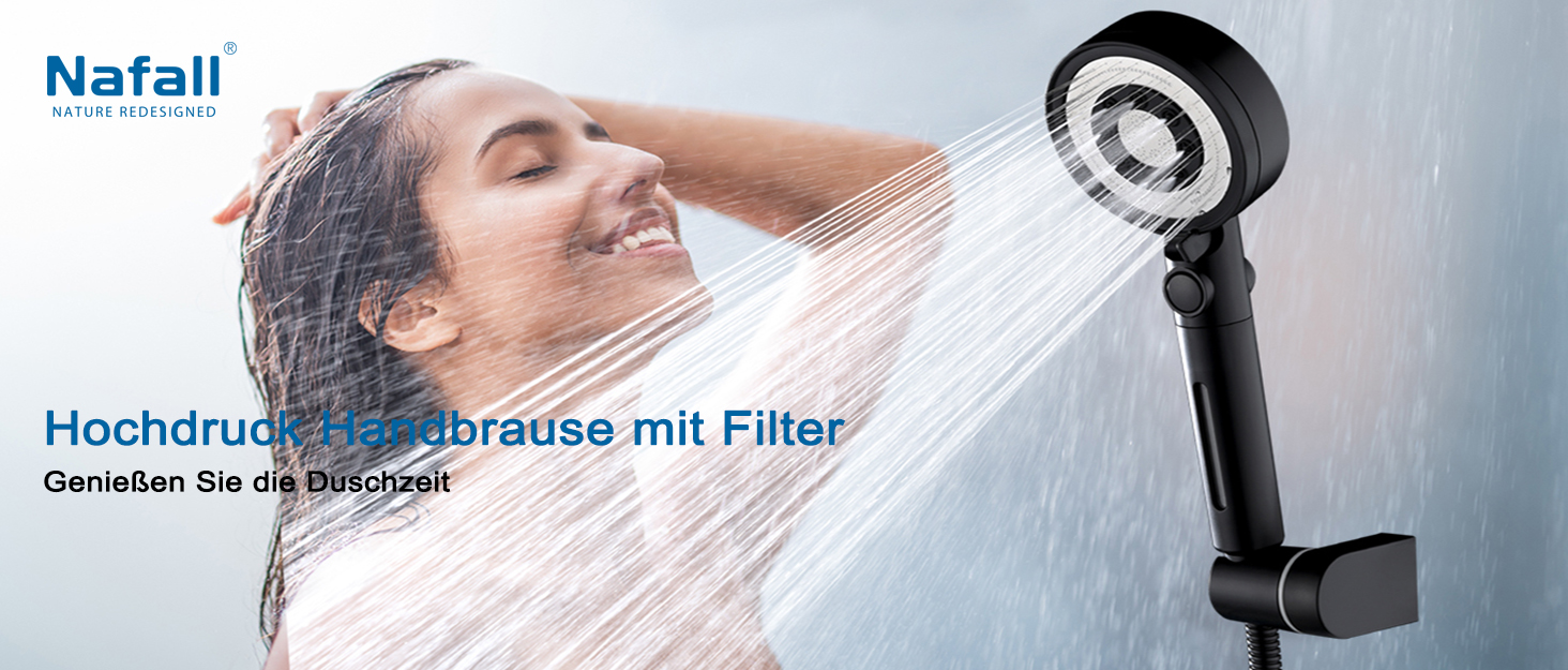 Nafall Shower Head with Filter - High Pressure Handheld Shower Head with Water Saving Design and 1.5M Hose, Shower Head with 5 Spray Patterns and Stop Function, Shower Head with Hose, Chrome (Chrome with 4 Filters)