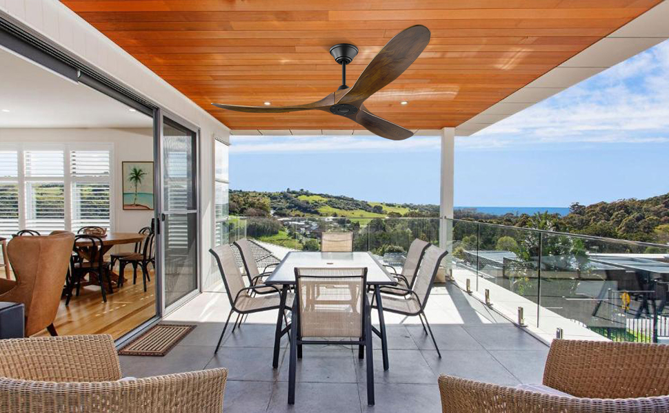 Вентилятор стельовий дерев'яний без освітлення з пультом керування, тихий, для вологого приміщення (152см, коричневий)