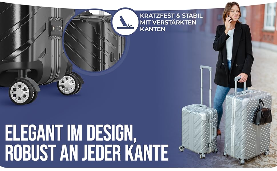 LETTOO Hartschalenkoffer середній 72L з алюмінієвим каркасом | Валіза-тролей з міцним корпусом та кріпленням для сумок [ВОДОНЕПРОНИКНА] Захист кутів (Срібний, валіза-тролей 24 дюймів)