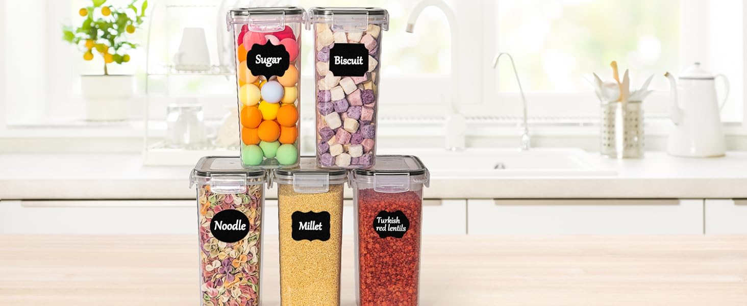 Набір контейнерів для зберігання GoMaihe 24 шт. з кришкою: герметичні контейнери для продуктів з етикетками та маркером | Коробки для зберігання на кухню для мюслі, борошна, кукурудзяних пластівців та цукру | Без BPA | Можна мити в посудомийній машині, чорний - Набір 24 шт.