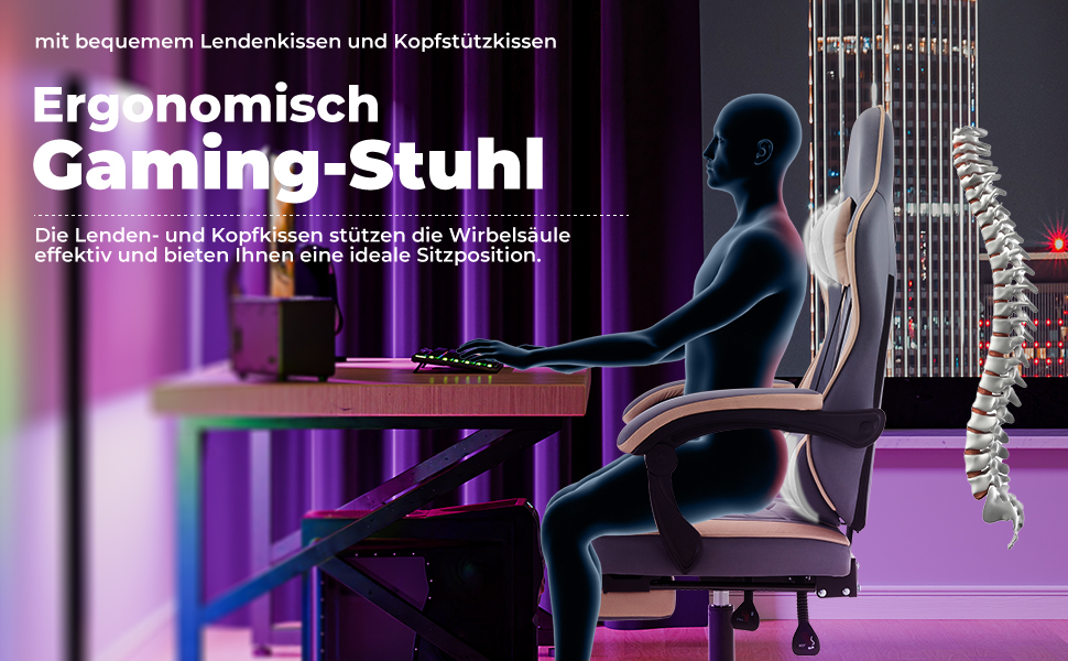 Геймерське крісло Ergonormic з підставкою для ніг, регульованою підтримкою спини, темно-сіре (синьо-бежеве)
