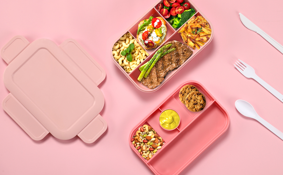Ланчбокс для дорослих Sinnsally 2000 мл з відділеннями, бенто-бокс, ланчбокс з посудом, виготовлений з екологічно чистих матеріалів, зелений (рожевий)