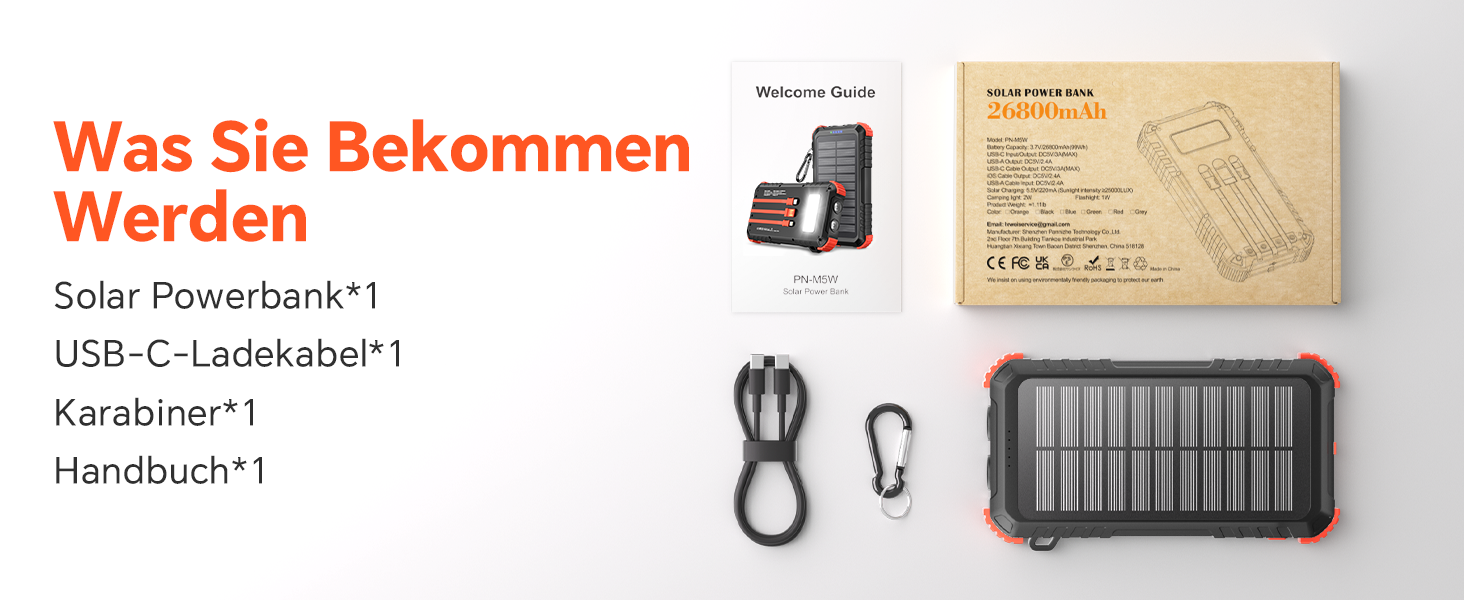 Сонячний Power Bank 26800mAh з PD15W, USB-C, 5 виходів, 3 входи, водонепроникний, з 3 кабелями, 2 ліхтариками та карабіном для кемпінгу, оранжевий