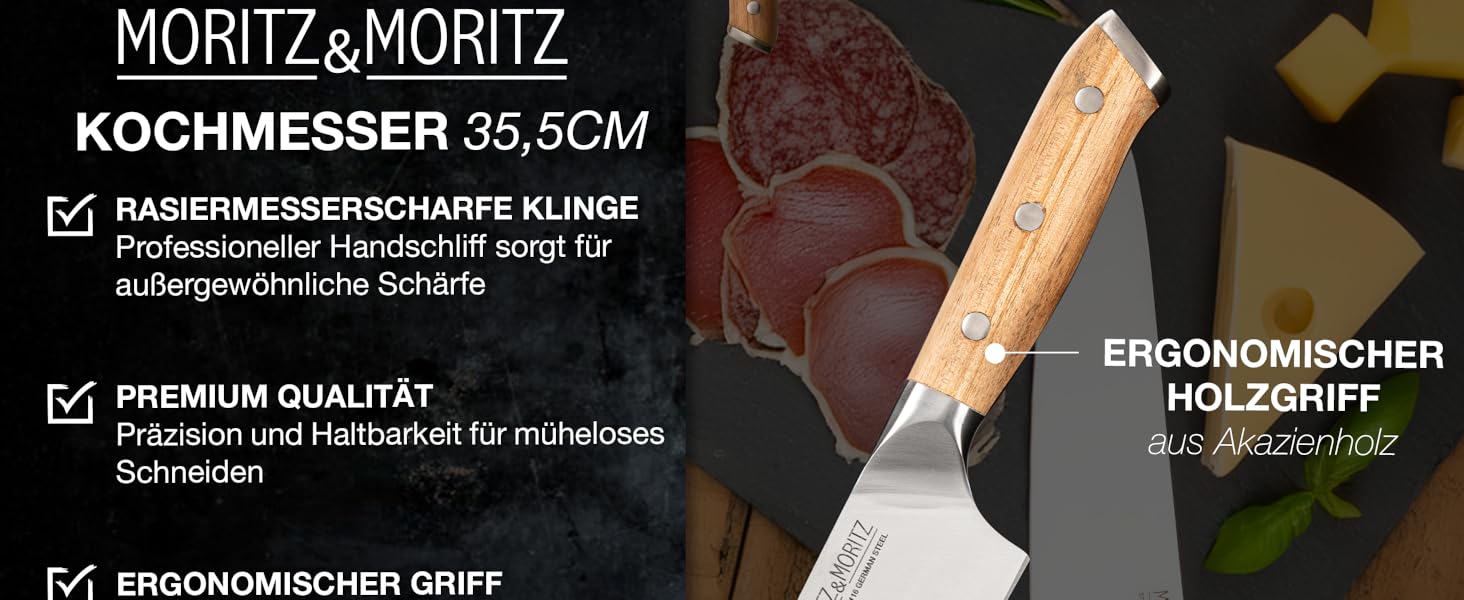 Ніж кухарський Moritz & Moritz 20 см - професійний, з нержавіючої сталі, з ергономічною ручкою з акації