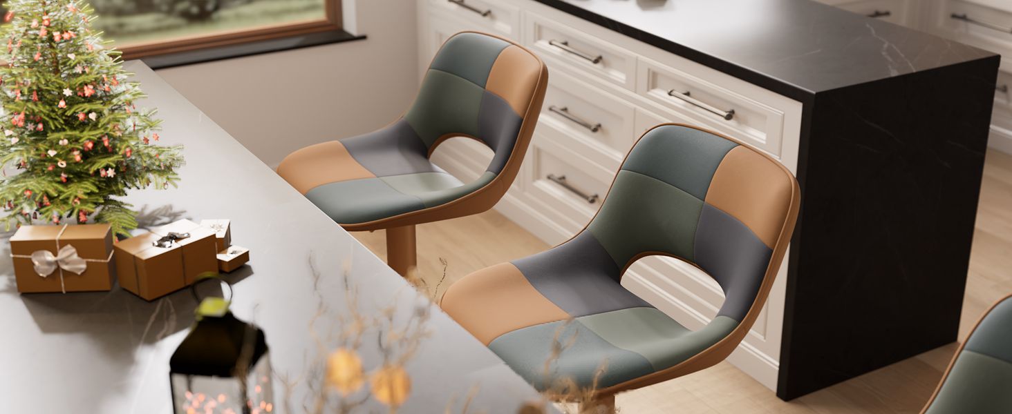 YOUNIKE 2-Piece Adjustable Bar Stools - Boho Patchwork Design, Swivel Kitchen Bar Chairs with Hollow Backrest - Yellow & Green