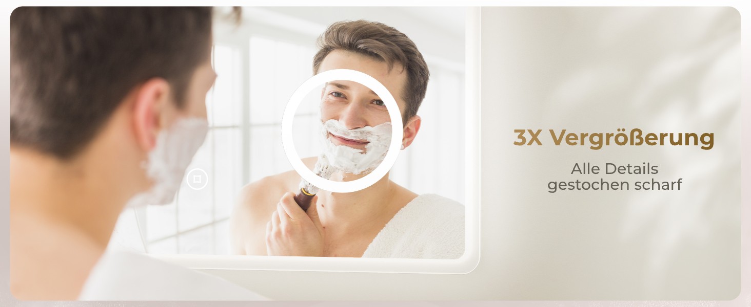 Дзеркало для ванної кімнати з підсвічуванням LED 80x60 см, регульоване, 3 кольори світла (3000K/4000K/6500K), антизапарник, вертикальна/горизонтальна установка, з 3x збільшенням