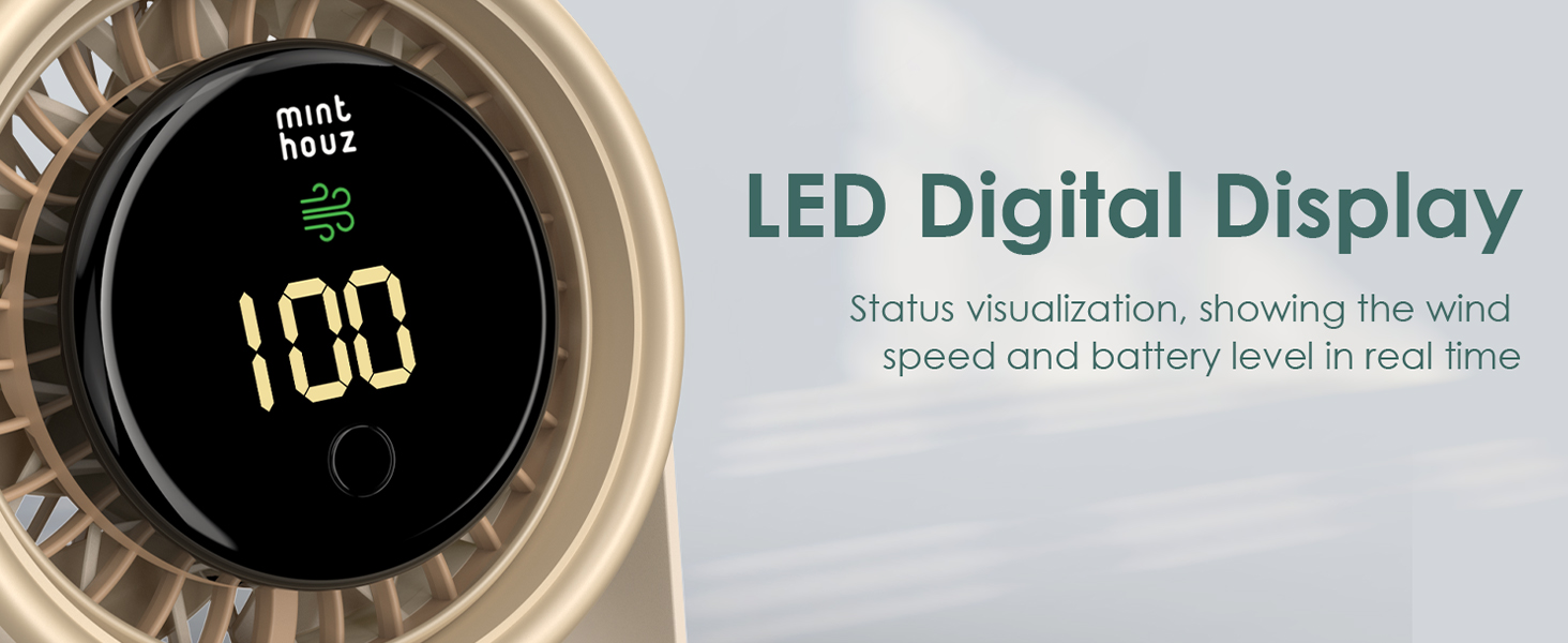 USB вентилятор Minthouz 3000mAh з LED-дисплеєм, 4 швидкості, поворотний, для офісу, спальні, на вулицю