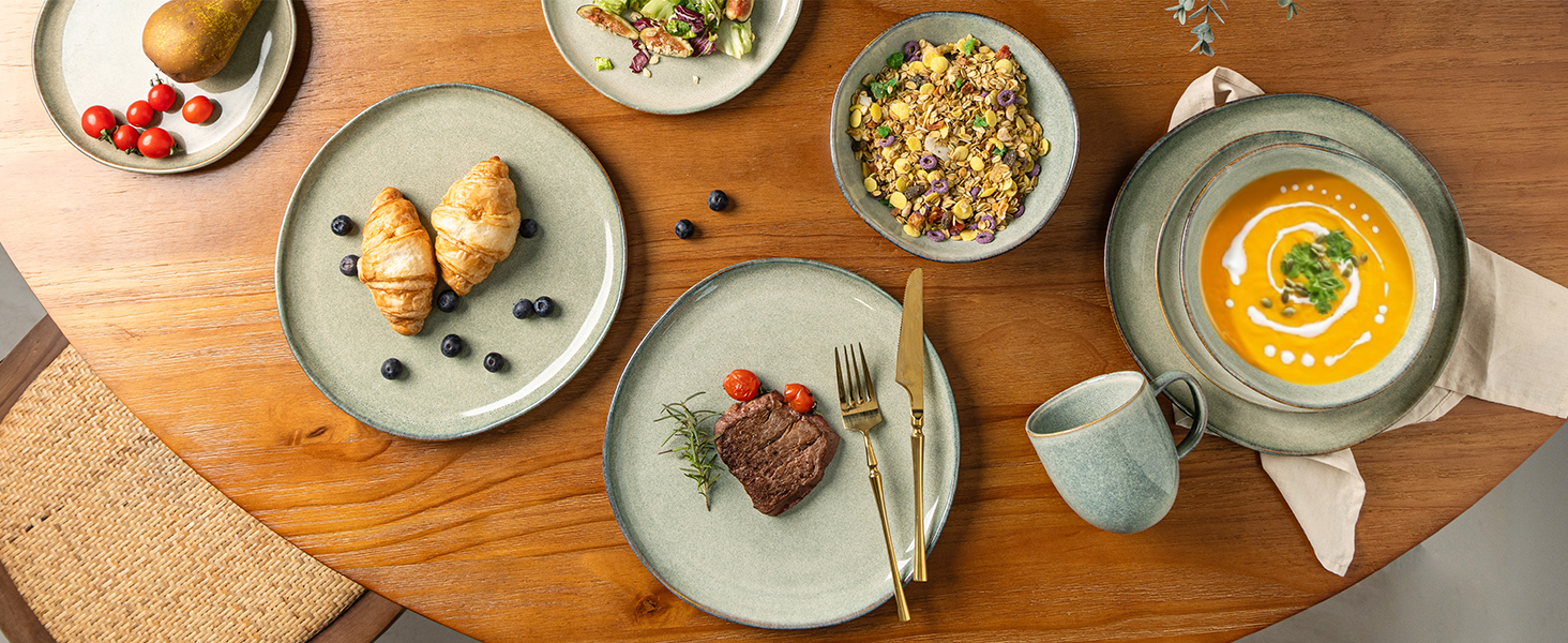 GBhome Набір глибоких тарілок з кераміки 22см (6 шт.) - для супу, пасти, салату. Стійкі до подряпин, придатні для миття в посудомийній машині та мікрохвильовій печі. Колір: Salbei (шавлія)