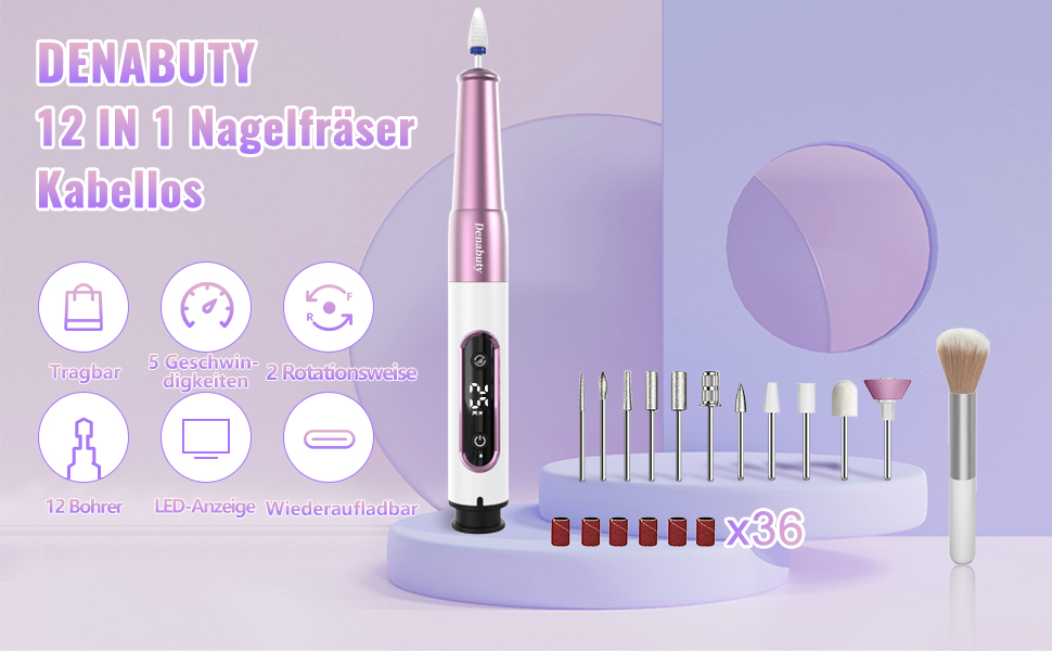 Електричний фрезер для нігтів Denabuty DN-2502Z Violett: 12-в-1, USB, 5 швидкостей, манікюр/педикюр