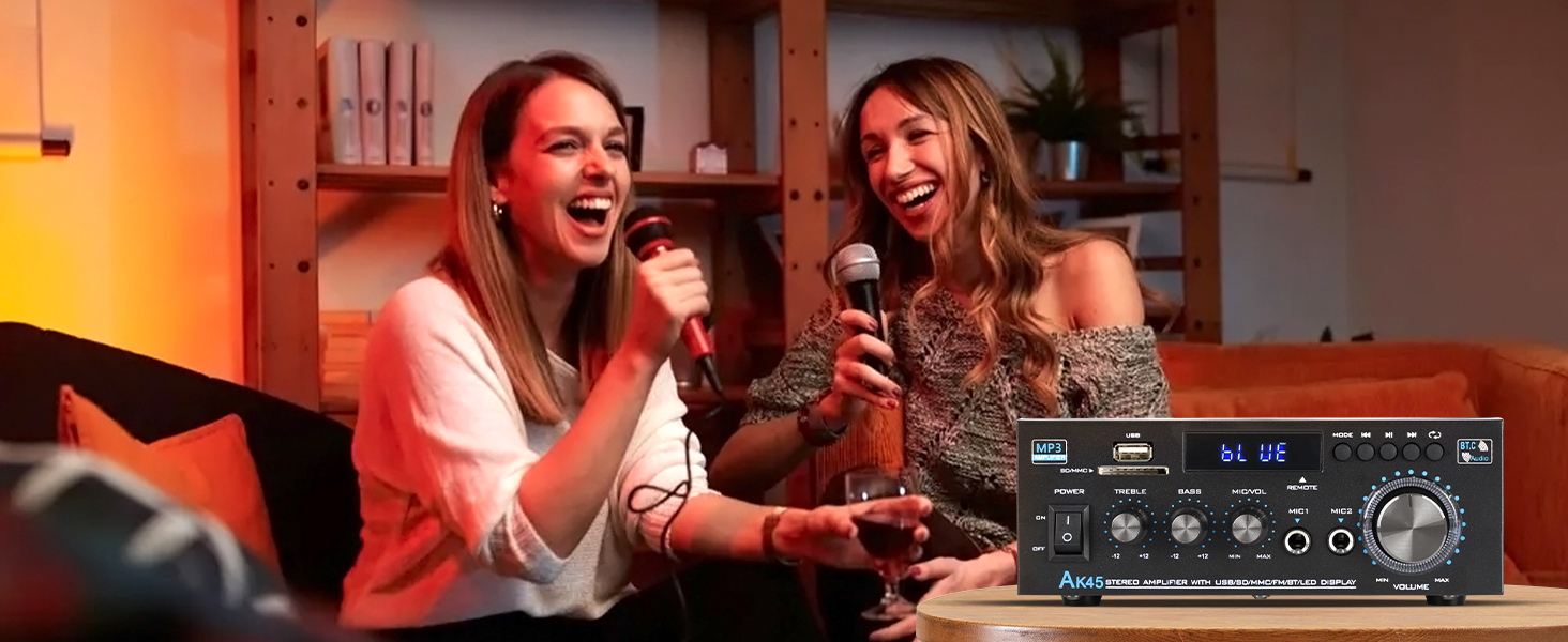 NEOHIPO HiFi-усилювач AK45 Mini, Bluetooth стерео аудіоусилювач 400Вт, 2-канальний, цифровий, з FM-радіо, SD/USB, для дому або авто, чорний