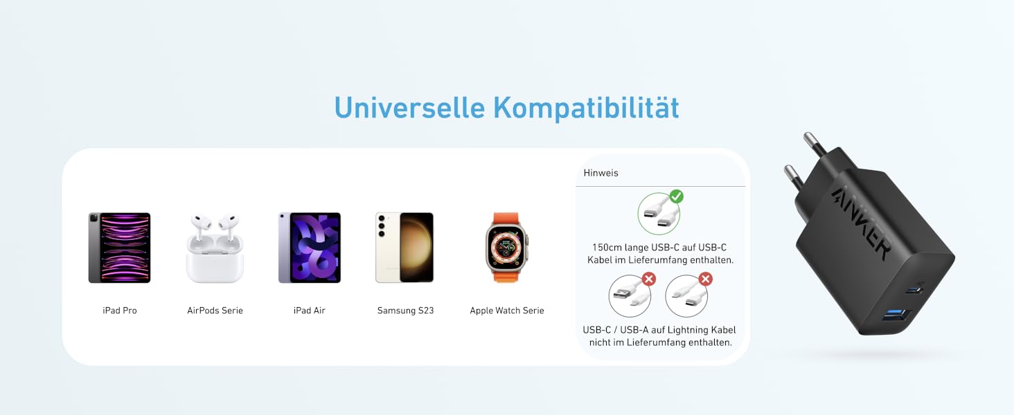 Зарядний пристрій Anker 20W USB-C, адаптер живлення для iPad, швидка зарядка, сумісний з iPhone 17/16/15, кабель USB-C (150см), чорний