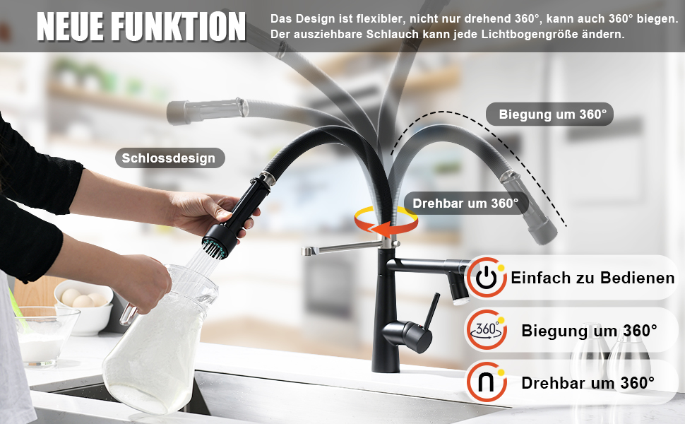 LED кухонний змішувач з спіральною пружиною, поворотний на 360°, з двома виливами, висувний, для кухні, з душем, високий тиск, з матовим нікелем