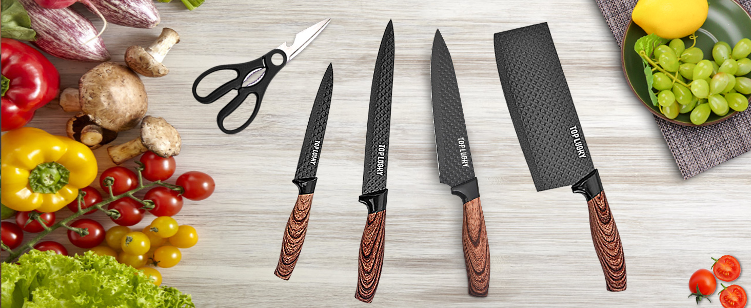 Набір кухонних ножів, 6 предметів, чорний, гострий, з антипригарним покриттям, нержавіюча сталь, з підставкою для ножів (чорний)