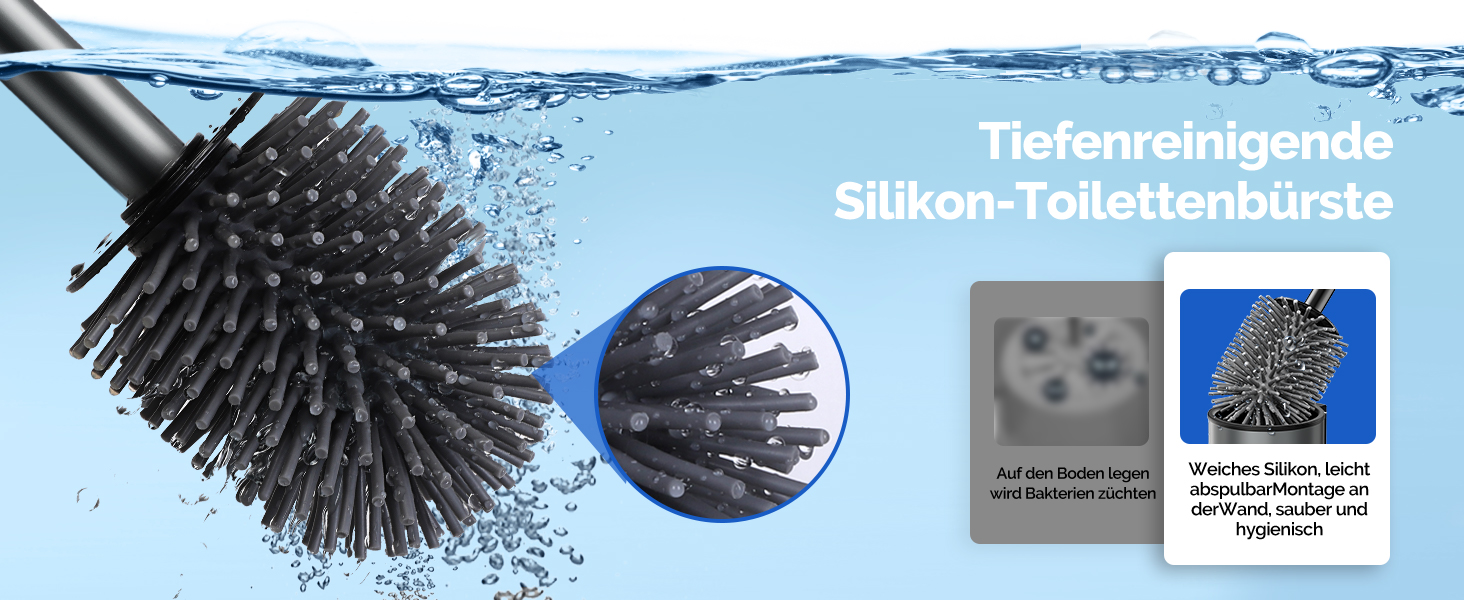 Набір для чищення унітазу Hamitor: щітка з силікону та нержавіючої сталі, кріплення на стіну без свердління, швидке висихання, для ванної кімнати (Чорний)