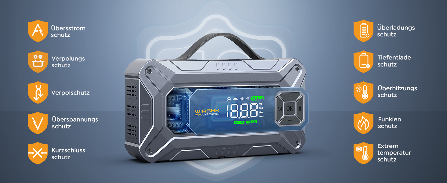 Портативний пусковий пристрій 8000A з повітряним компресором 160 PSI для бензинових та дизельних двигунів (до 10 л), з дисплеєм та аварійною світлодіодною лампою