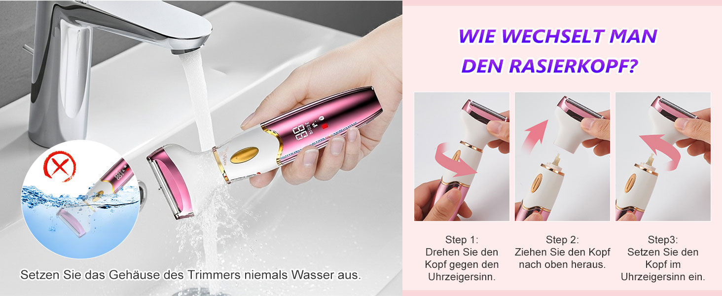 Електричний жіночий тример 4-в-1 з цифровим дисплеєм – для обличчя, ніг, під пахвами та інтимної зони, водонепроникний IPX7, USB-зарядка, рожевий