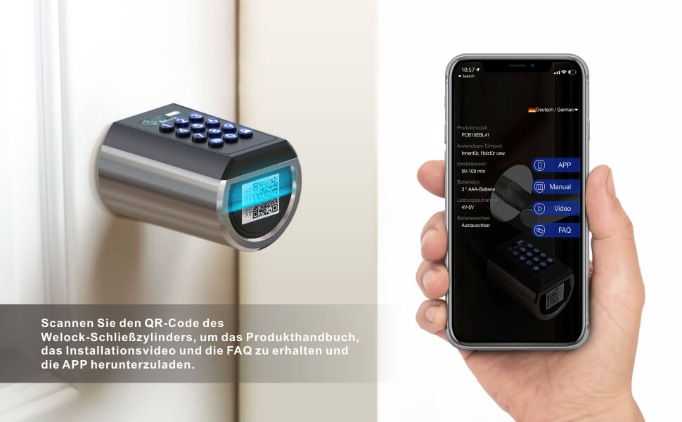 Електронний дверний циліндр WELOCK PCB41 з кодовим замком, RFID-карткою, Wi-Fi, APP-керуванням, для дверей 50-100 мм, IP65, легкий монтаж