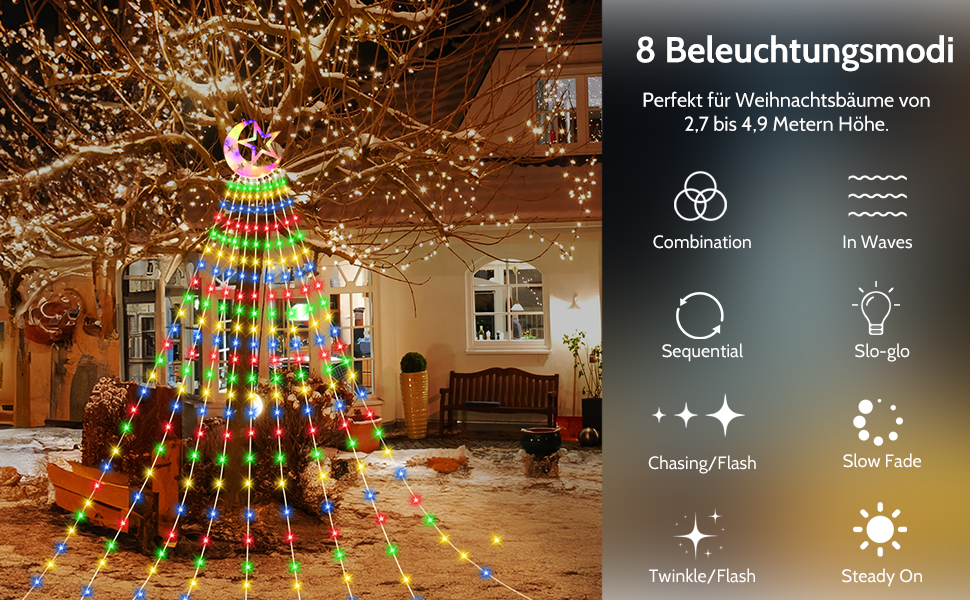 Гірлянда для ялинки 3.5м, 346 LED, 9 струмків, зірка-верхівка, 8 режимів, вологостійка, тепле біле світло (RGB), для декору ялинки