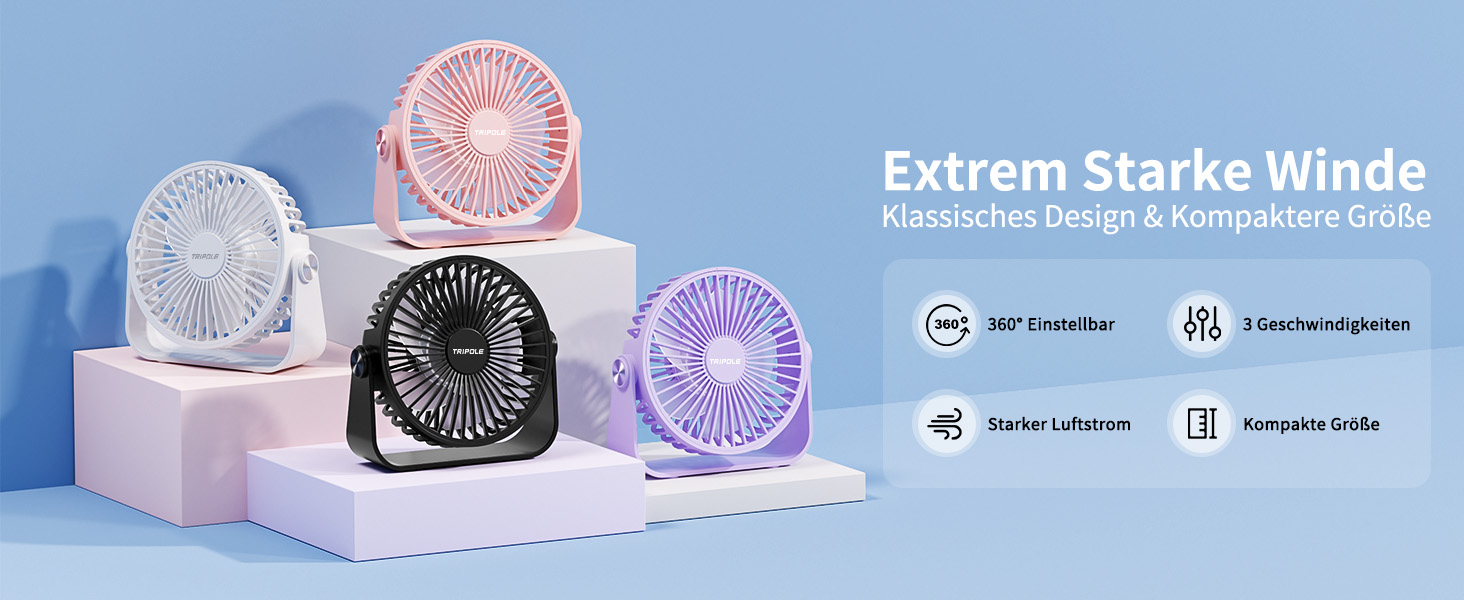 Триполю USB Настільний Вентилятор, 3 швидкості, регульований, потужний потік повітря, 360° обертання, кабель 1,5 м, рожевий, компактний міні-вентилятор