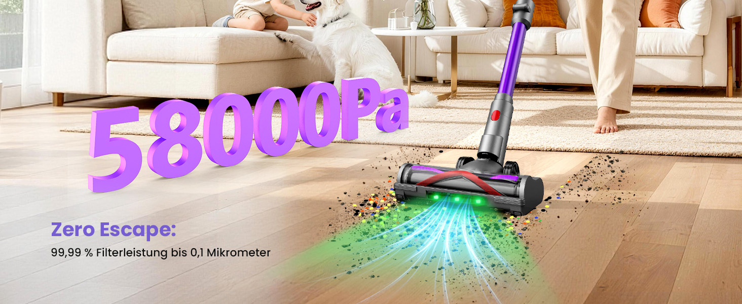 Акумуляторний вертикальний пилосос 600W 58000Pa, бездротовий пилосос з LED-дисплеєм, зарядною станцією та антинамотувальною щіткою для килимів, твердих підлог та шерсті тварин, колір баклажан