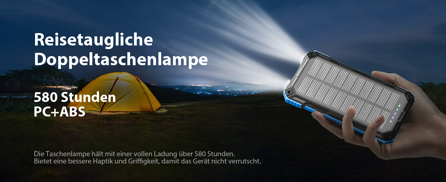 Сонячний павербанк 26800 mAh з 4 кабелями, USB-C, Qi, LED-ліхтарик, для телефонів, планшетів та кемпінгу