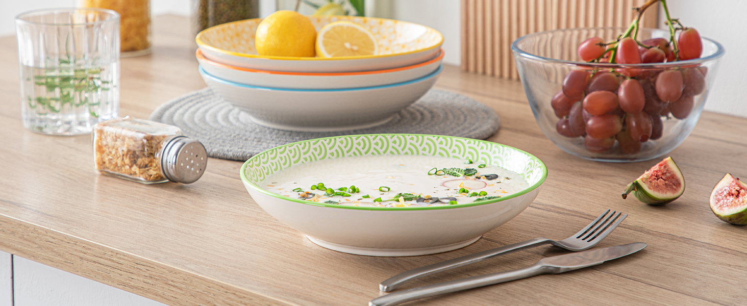 Набір тарілок Vancasso Maracon Natsuki: 8 глибоких тарілок з порцеляни, Ø 21.5 см, 600 мл