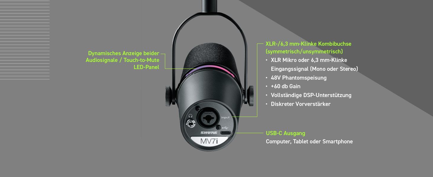 Мікрофон Shure MV7+ для подкастів, стрімінгу та запису – білий. USB/XLR, LED-сенсор, автоматичне регулювання рівня, цифровий поп-фільтр, ефекти реверберації.