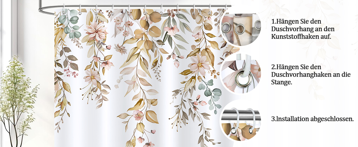 Штора для душу Bonhause Braun Eukalyptus осінній акварельний малюнок, 180x180 см, поліестер, водонепроникна, з 12 гачками