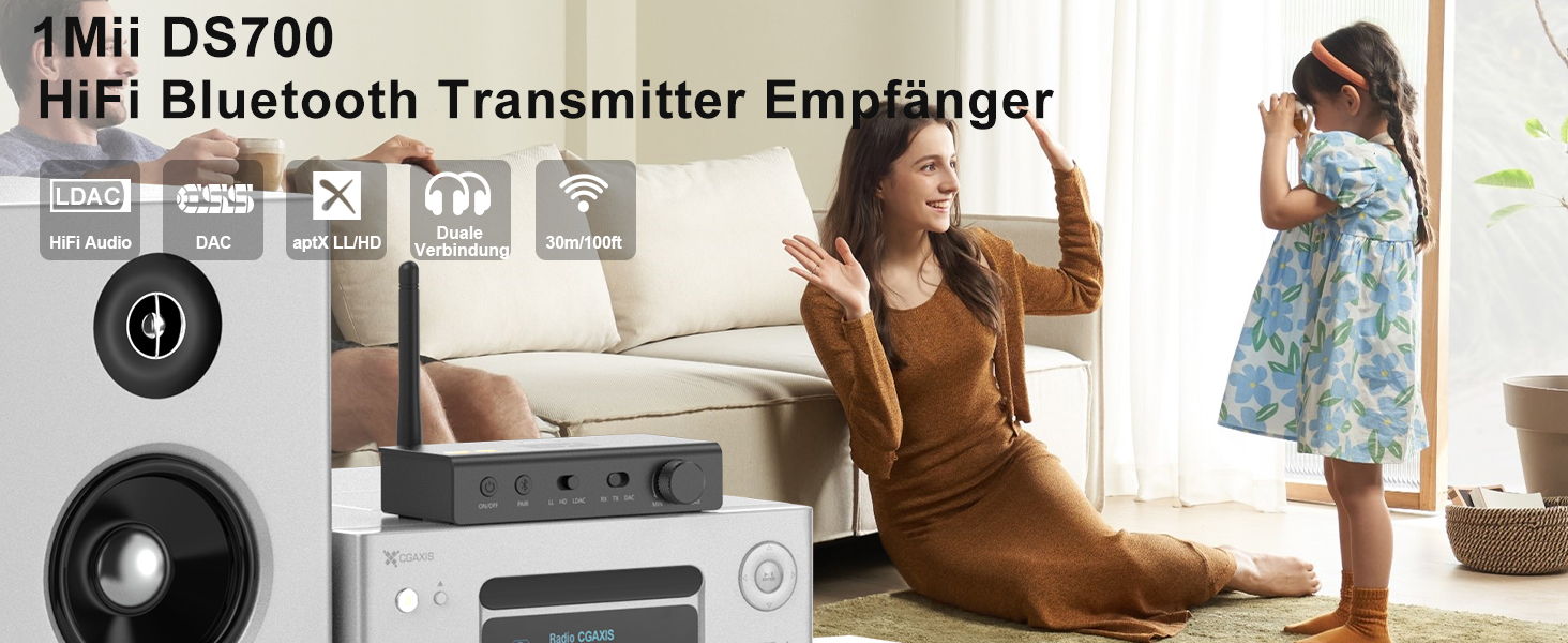 1Mii DS700 Bluetooth передавач/приймач HiFi з DAC, LDAC, aptX HD/LL, OLED-дисплеєм, 3-в-1 аудіоадаптер для ТВ, навушників, колонок, стереосистеми