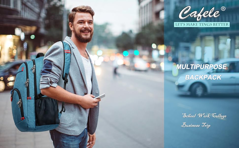 Рюкзак Cafele з RFID захистом та USB зарядкою для ноутбука, 17.3 дюйми, синій