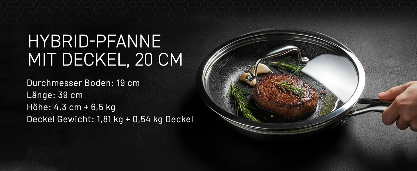 Сковорода HexClad Hybrid з кришкою, діаметр 20 см – сковорода з нержавіючої сталі з вафельною структурою – для всіх типів плит, включаючи індукцію – антипригарне покриття, придатна для духовки та мийки – сковорода + кришка 20 см