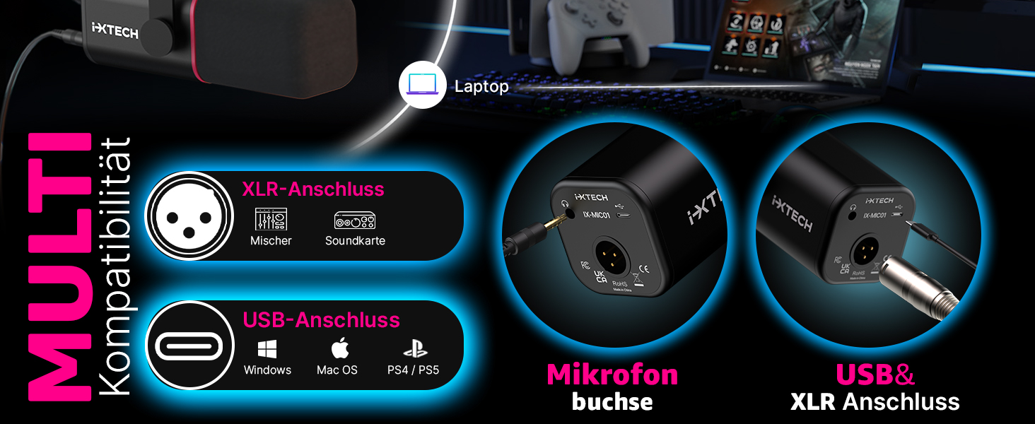 IXTECH Динамічний мікрофон з нирковою характеристикою RGB для студії, стримінгу та запису. USB/XLR, регулювання Gain, для подкастів та вокалу. Білий (M, Black)