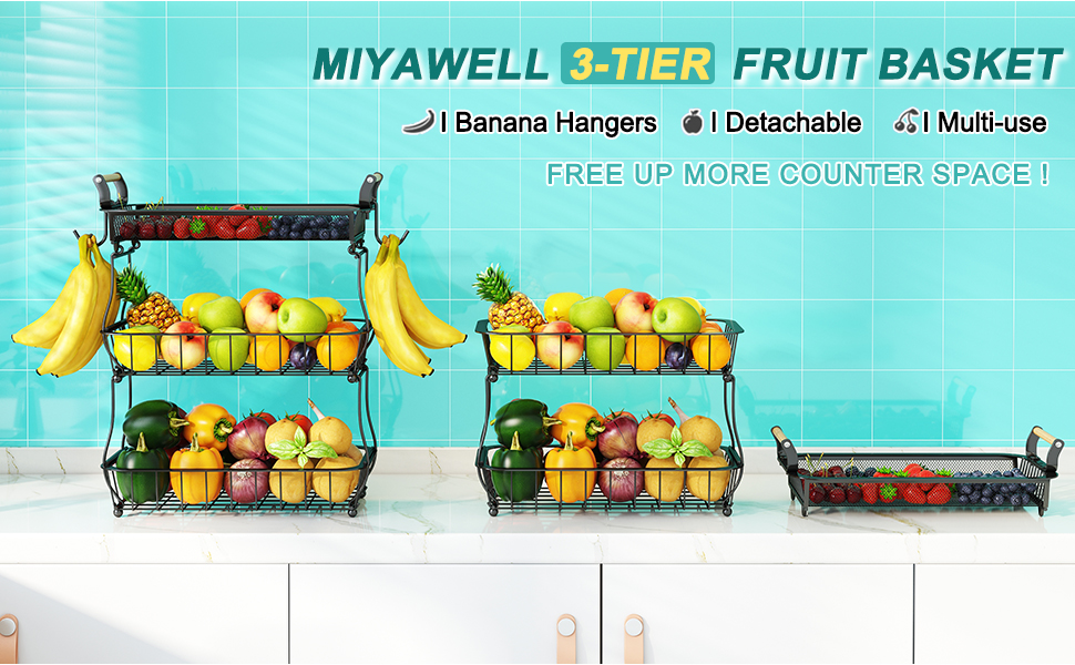 3-Tier Fruit Basket with 2 Banana Hangers for Kitchen Countertop, Vegetable Counter, Storage Holder, Large Capacity, Metal Wire, Fruit Stand, Organizer for Onion, Snack, Black