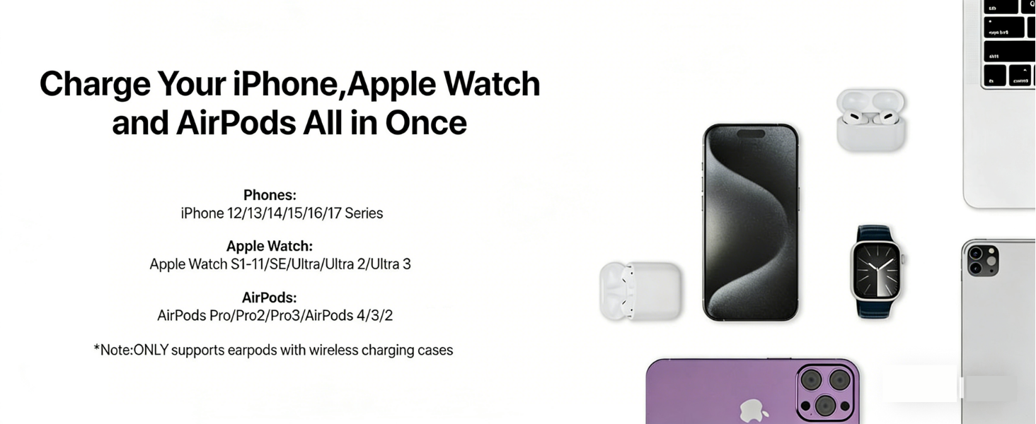 Intoval 3-в-1 Магнітна Бездротова Зарядка для iPhone 17/16/15/14/13/12, Apple Watch та AirPods, Швидка Зарядка з Блоком Живлення (Білий)