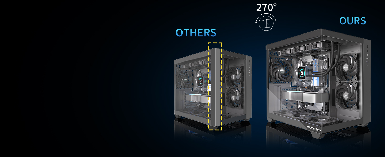 Корпус для ПК ATX MUSETEX Y6, чорний, з 3 вентиляторами, скляна панель, Type-C, Mid Tower