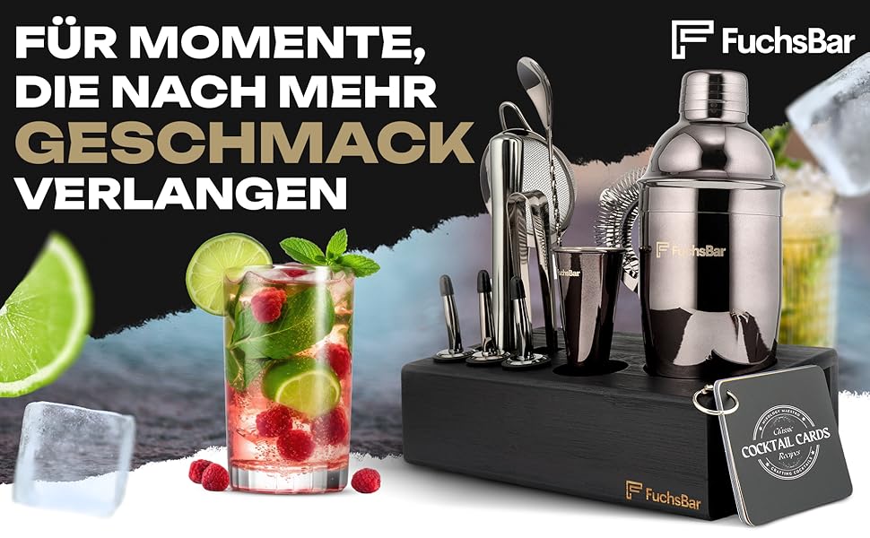 Набір для коктейлів FuchsBar, 8 предметів, нержавіюча сталь, шейкер, барне сито, ложка, рецепт-картки та аксесуари — ідеальний барний комплект для дому, вечірок та подарунка