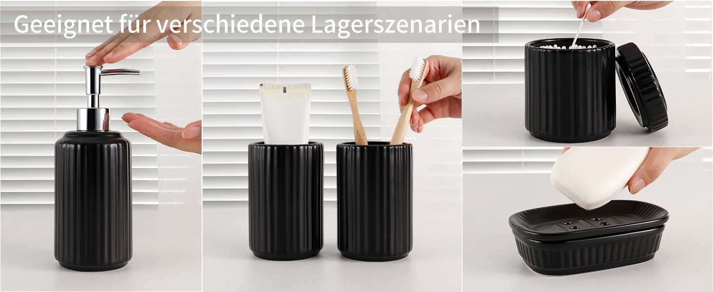 Набір для ванної кімнати NOVAJOY (5 шт.) з кераміки: органайзер, дозатор мила, мильниця, тримач для зубних щіток, контейнер для ватних паличок. Чорний колір.