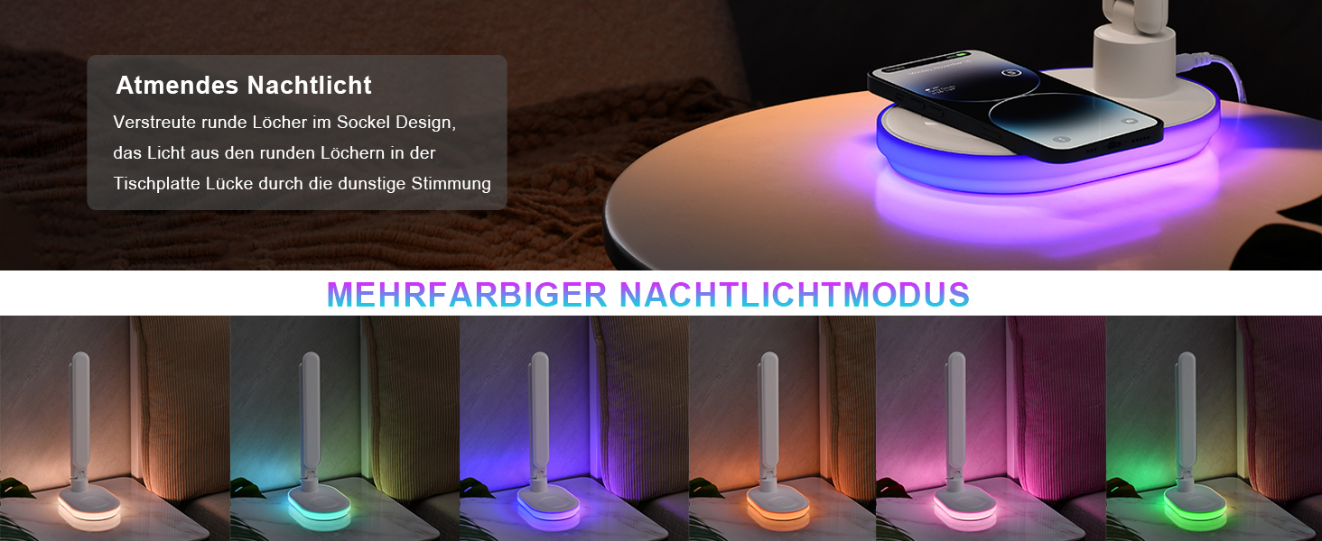 Настільна лампа CCHKFEI з регулюванням, годинником, LED-дисплеєм, бездротовим зарядним пристроєм 10W та USB-портом, 3 режими кольору, датчиком температури та RGB-підсвічуванням для читання, дому та офісу