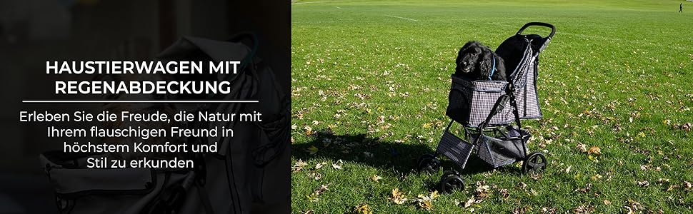 Візок для тварин Monster Shop з сумкою, знімний, складний, до 15 кг, колеса, гальма, сітчасте вікно, кошик, тримач для напоїв, кишені та водовідштовхуючий тент (синій тартан)