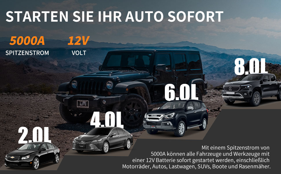 Powerbank для авто Starthilfe 5000A: пускова станція, 12V, до 8.0L бензин/дизель, USB, LED ліхтарик