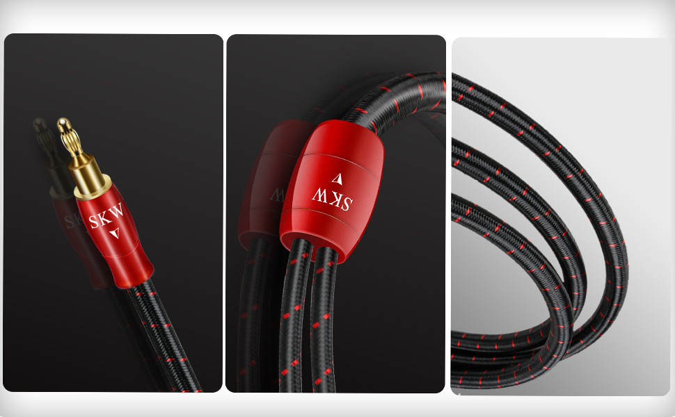 Комплект акустичних кабелів SKW 2м (пара), 14 AWG OFC мідь, екрановані, з позолоченими банановими та гвинтковими роз'ємами, у бавовняному обплетенні, червоні